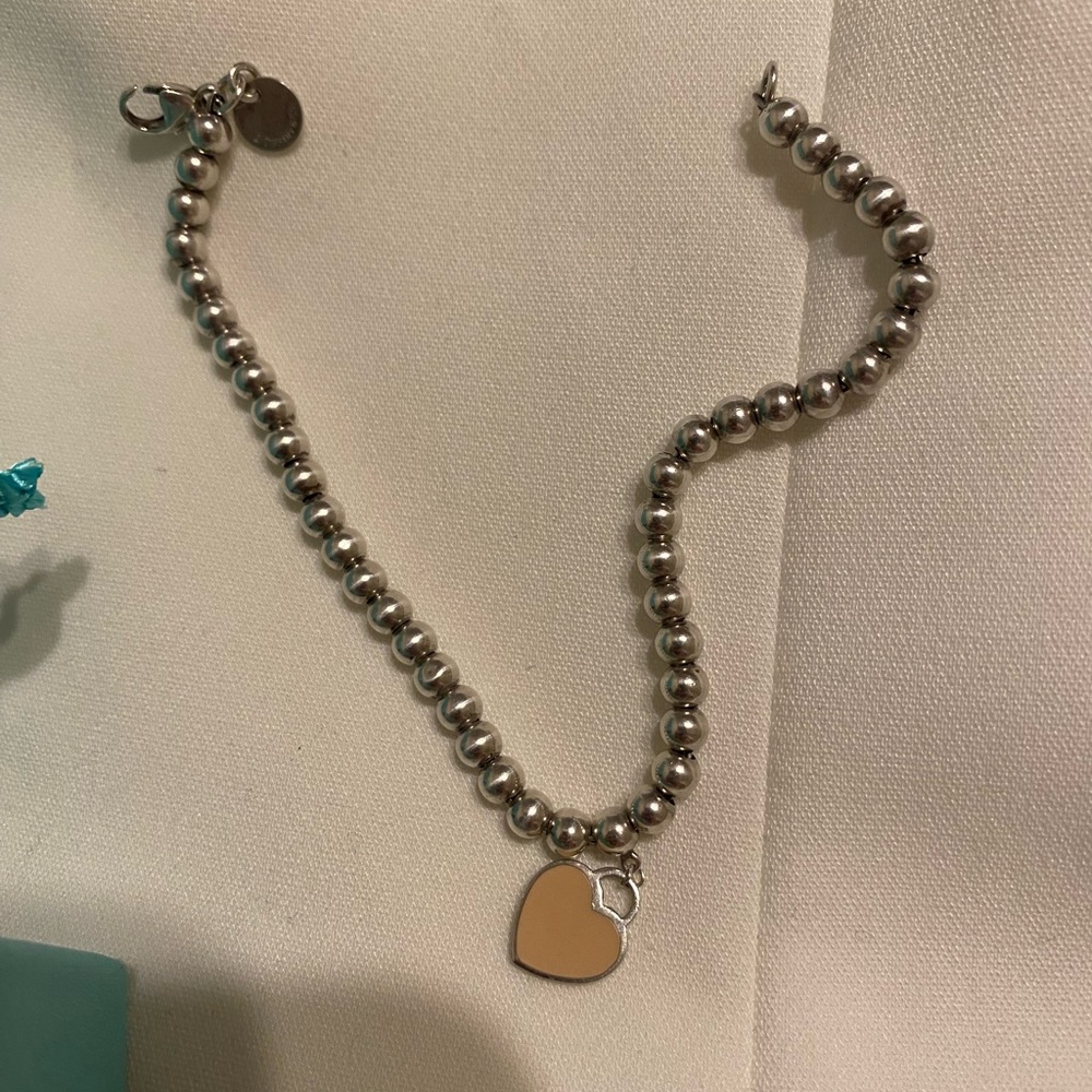 💯%auth Tiffany & Co. Silver Beaded Bracelet with Heart Charm
